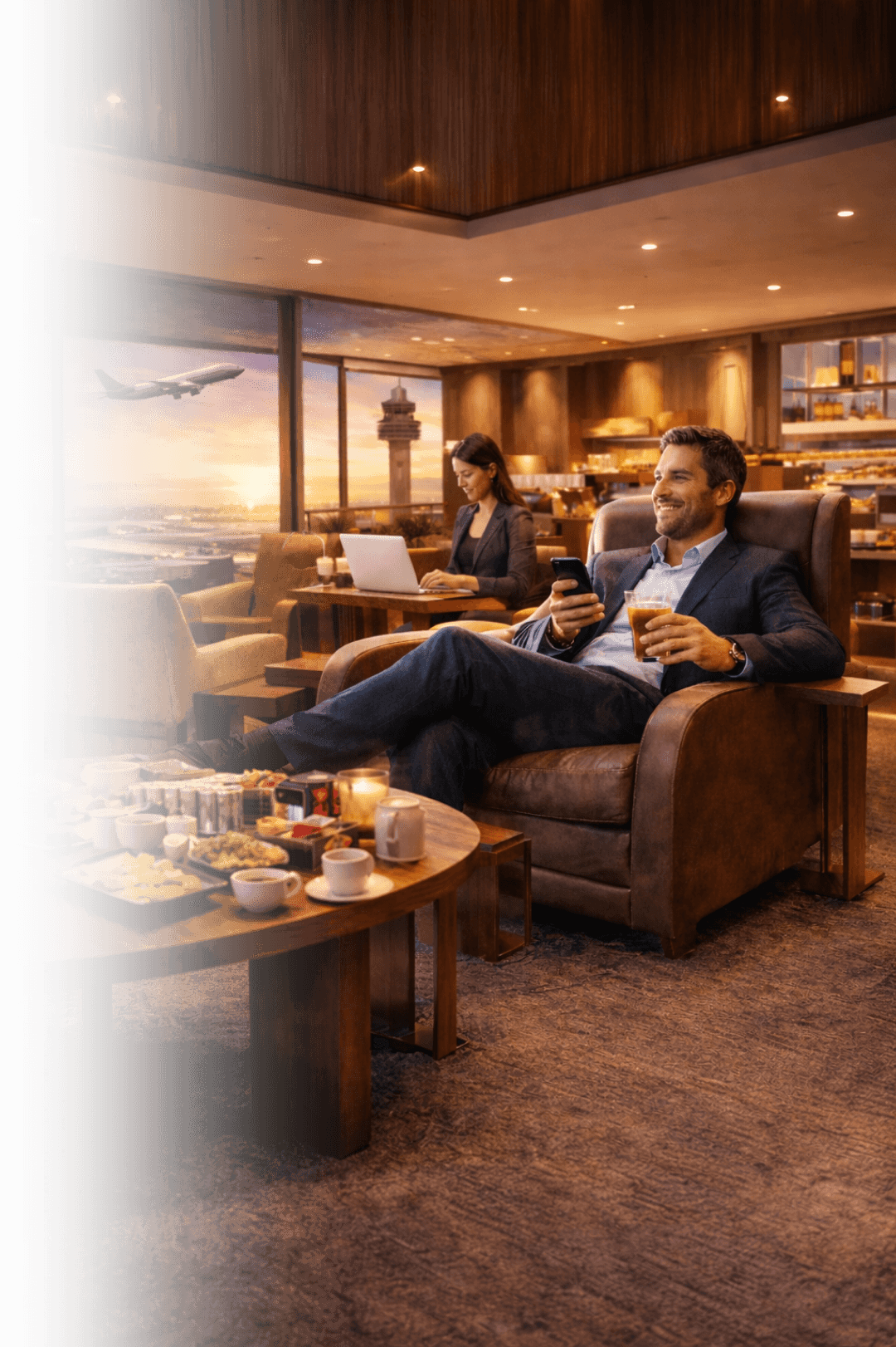 Traveller relaxing in an airport lounge